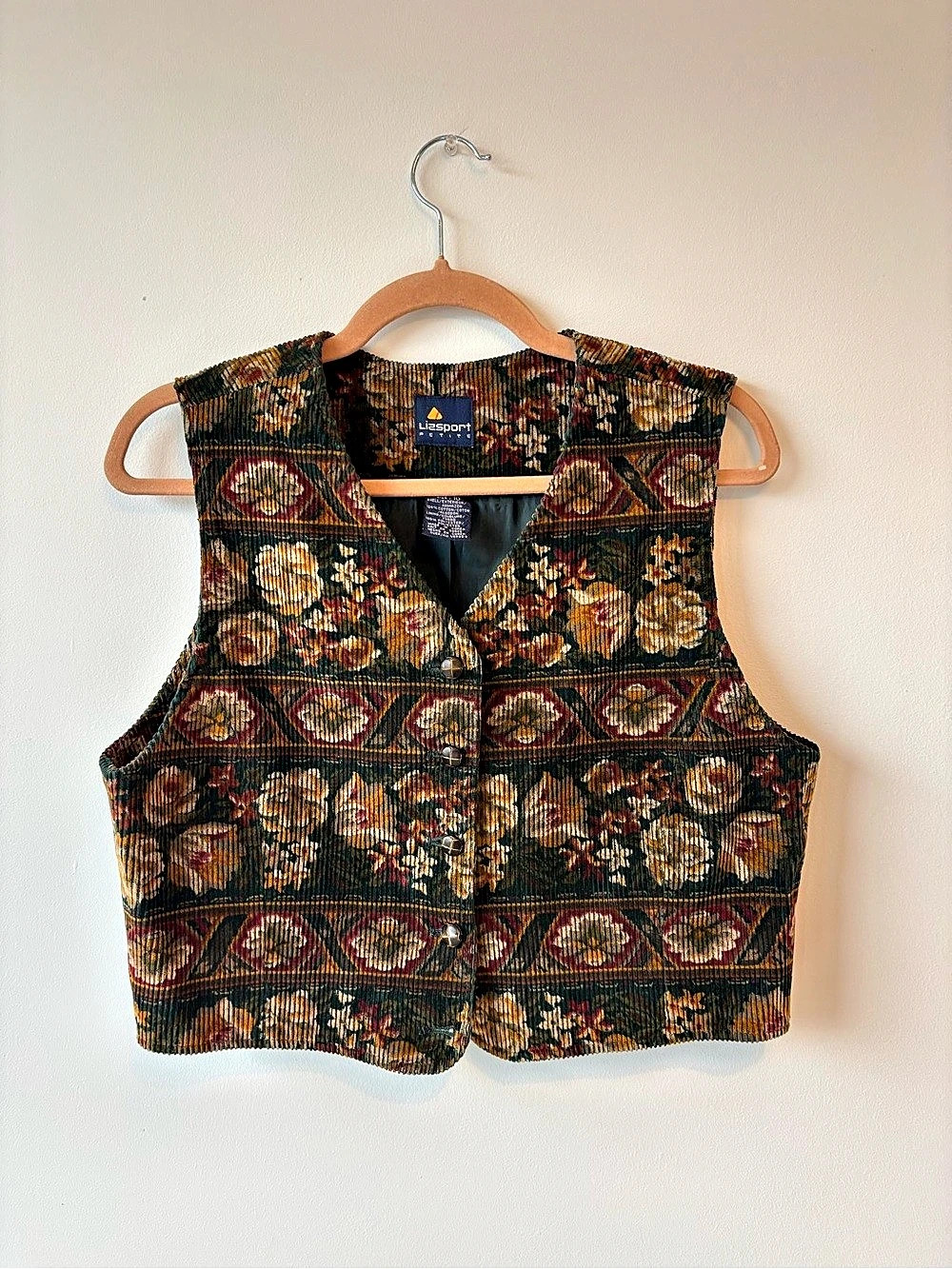 Lizsport Petite Floral Corduroy Vest Size 10P Vintage